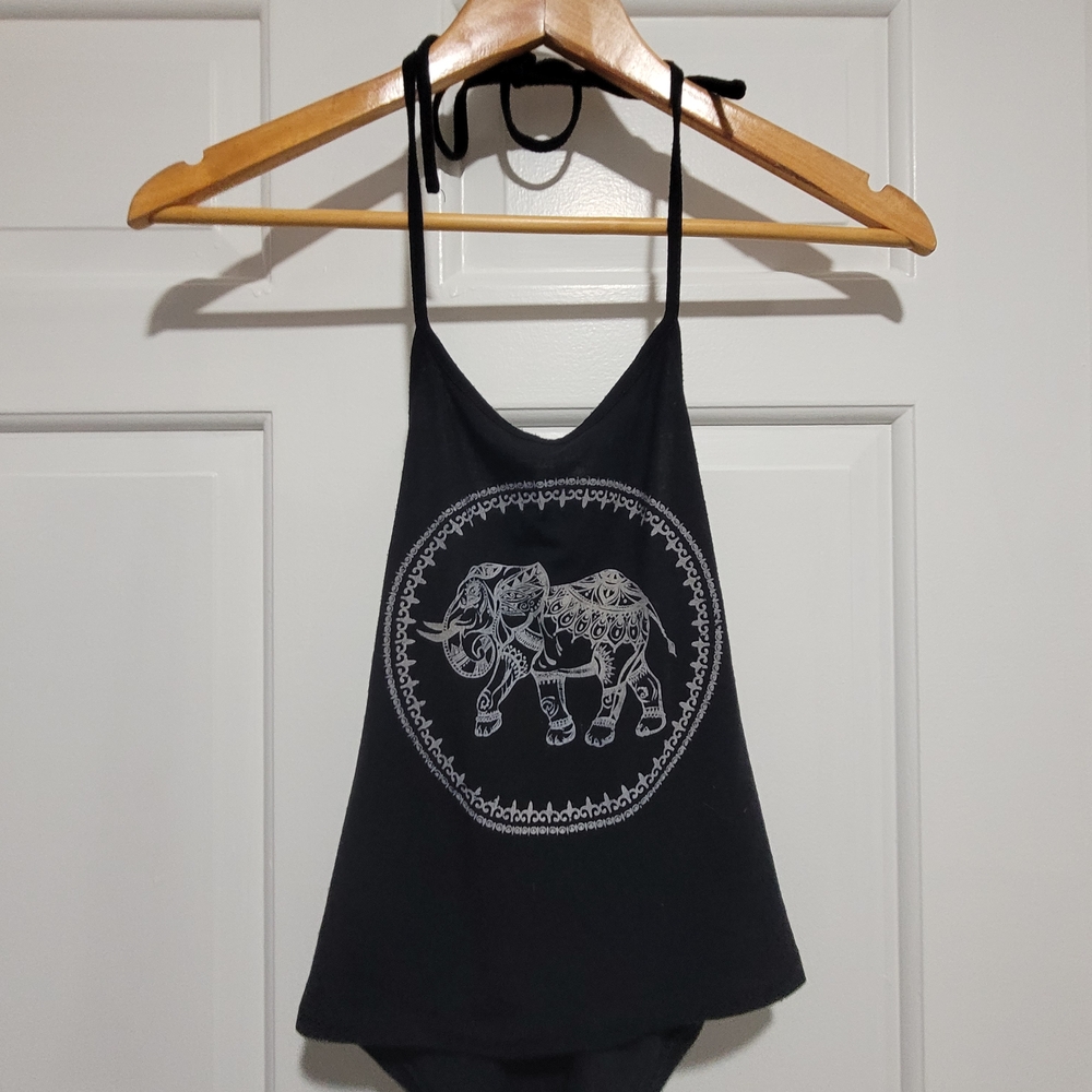Bluenotes Black Halter Tank with White Elephant Graphic